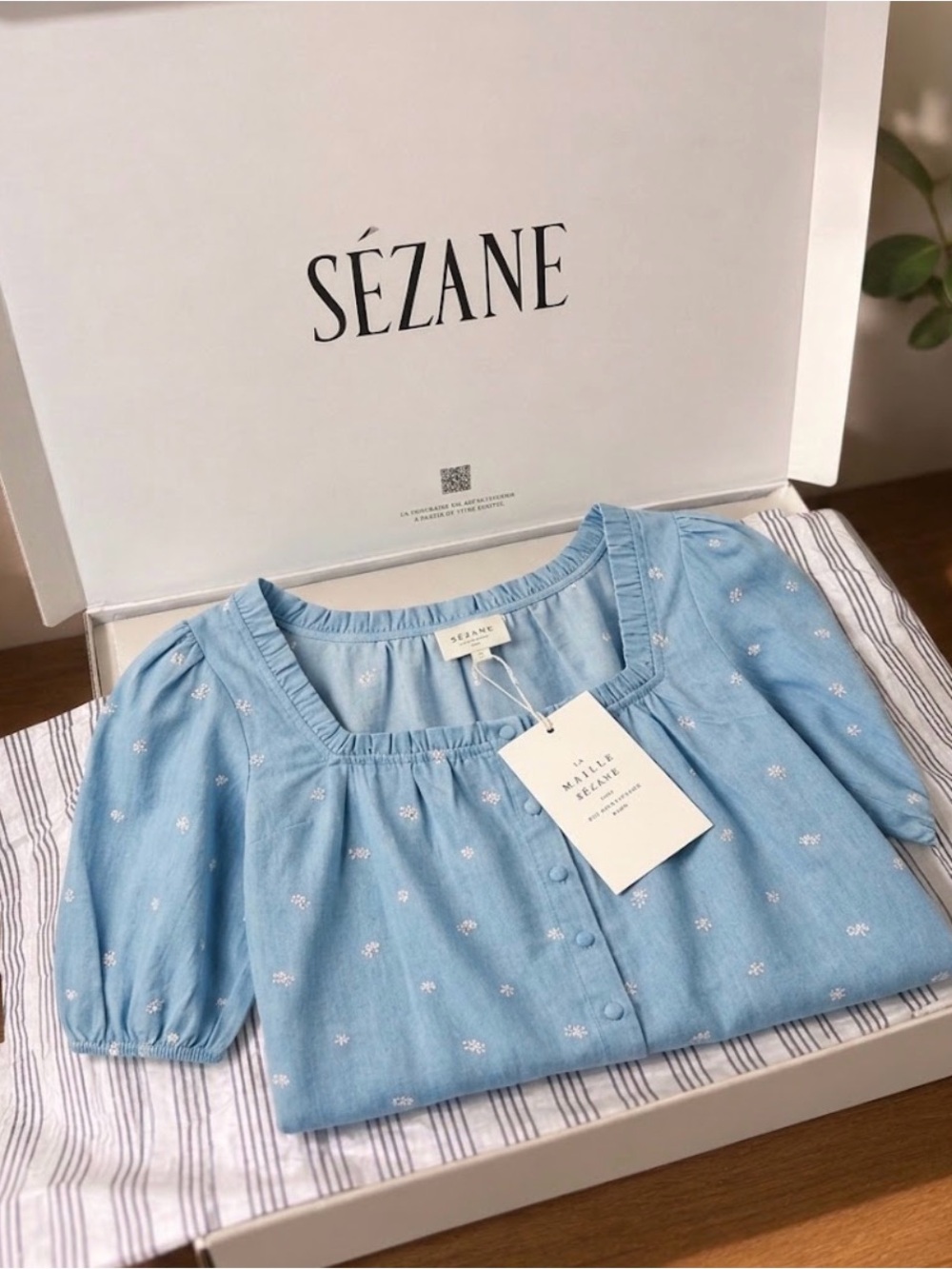 Sézane Light Blue Denim Floral Button-Front Blouse